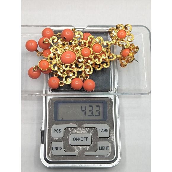 Kenneth Jay Lane KJL Couture Chandelier Statement Runway Orange Gold Earrings - Picture 9 of 9